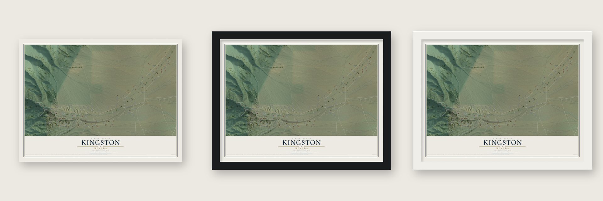 Kingston, Nevada map unframed, in a black wood frame and in a white wood frame