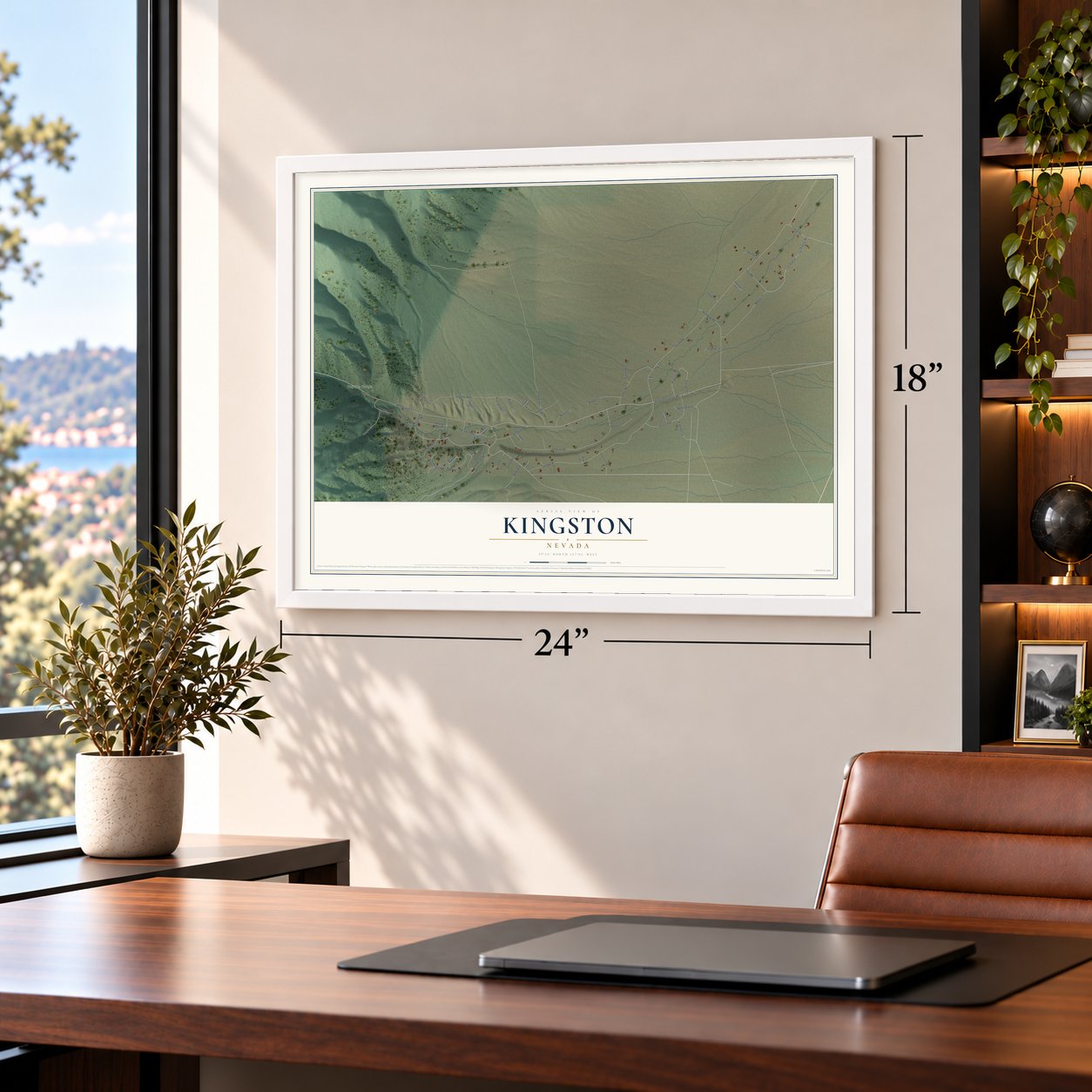 Kingston, Nevada map, 18 x 24 inch print in a white frame in a home office
