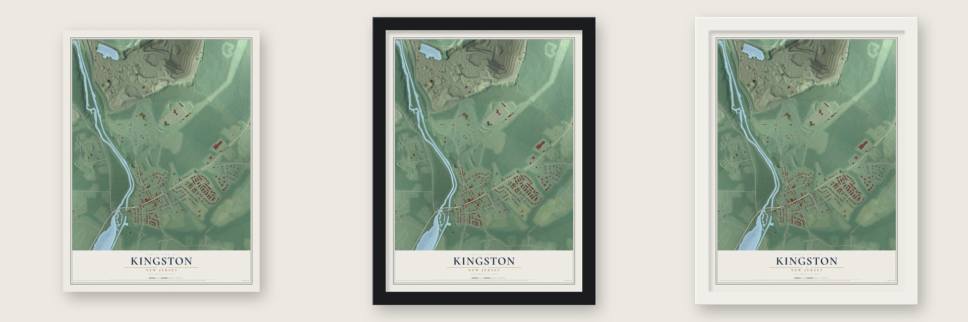 Kingston, New Jersey map unframed, in a black wood frame and in a white wood frame