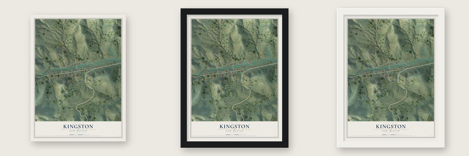 Kingston, New Mexico map unframed, in a black wood frame and in a white wood frame