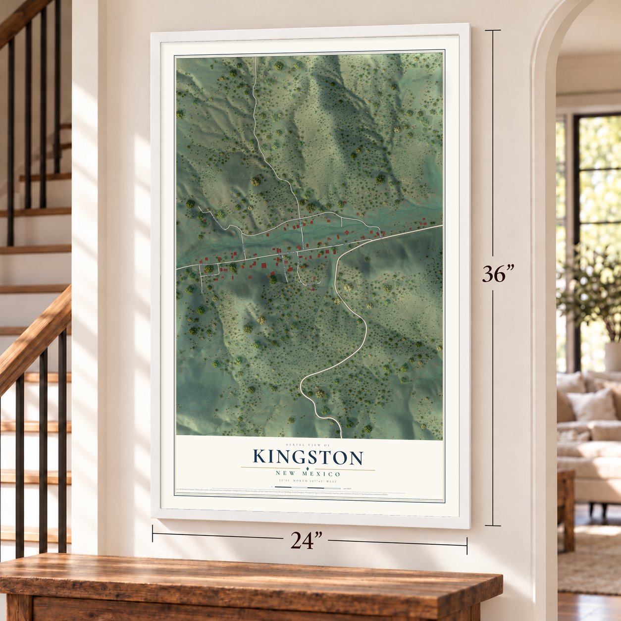 Kingston, New Mexico map, 24 x 36 inch print in a white frame by a staircase