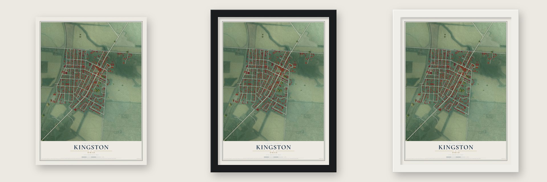 Kingston, Ohio map unframed, in a black wood frame and in a white wood frame