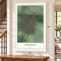 Kingston, Ohio map, 24 x 36 inch print in a white frame by a staircase