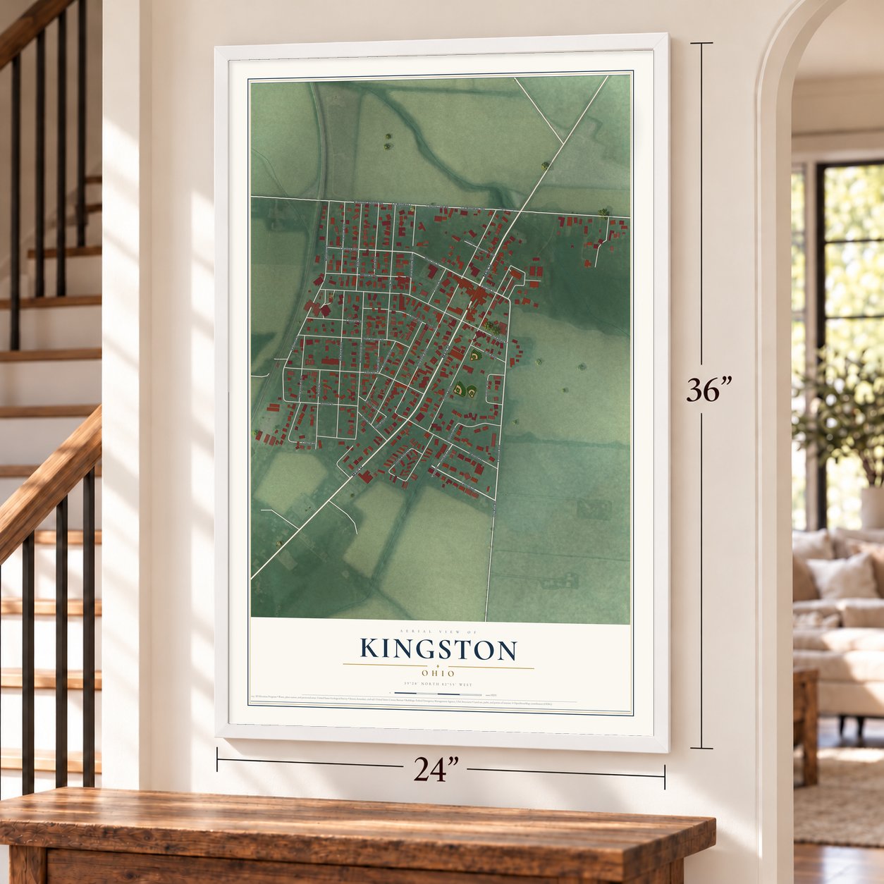 Kingston, Ohio map, 24 x 36 inch print in a white frame by a staircase