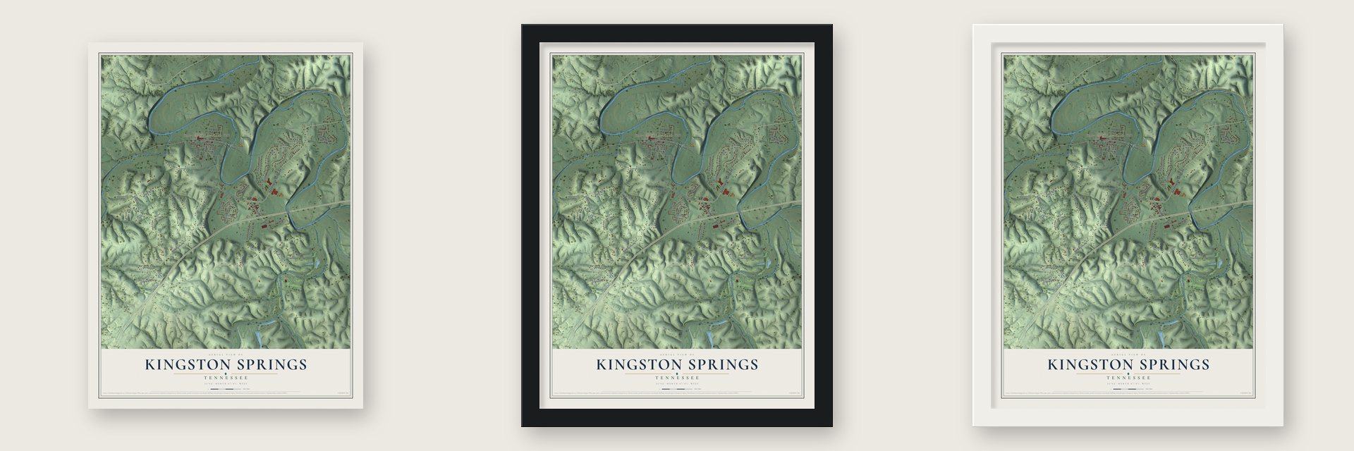 Kingston Springs, Tennessee map unframed, in a black wood frame and in a white wood frame