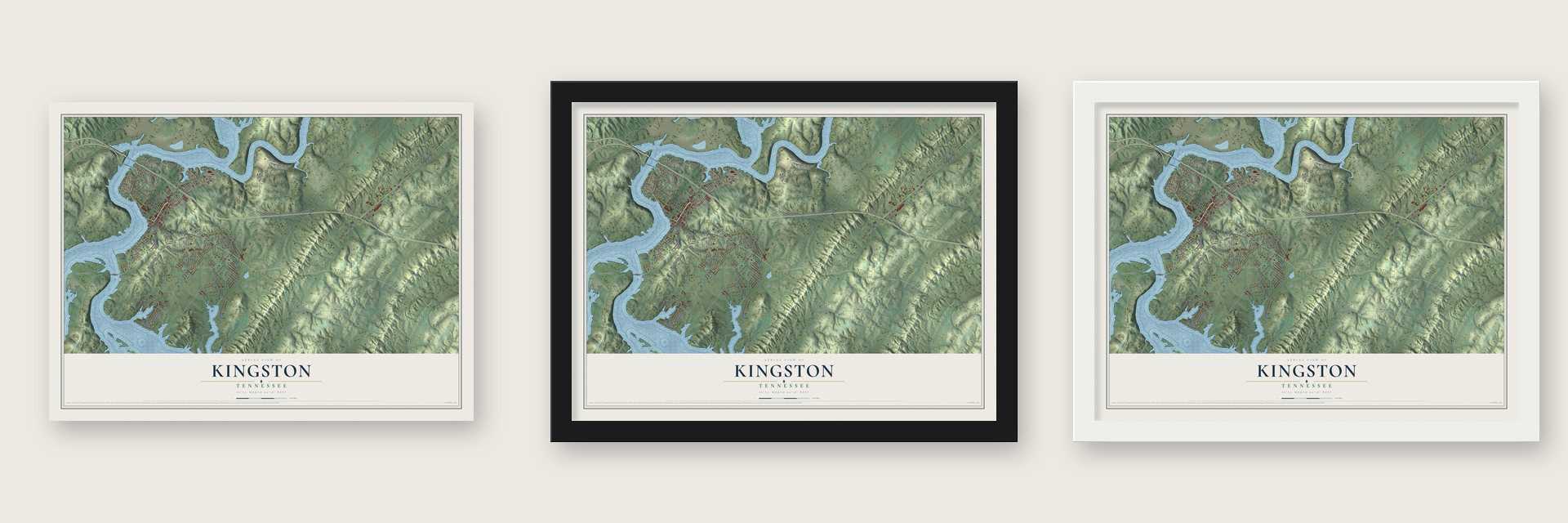 Kingston, Tennessee map unframed, in a black wood frame and in a white wood frame