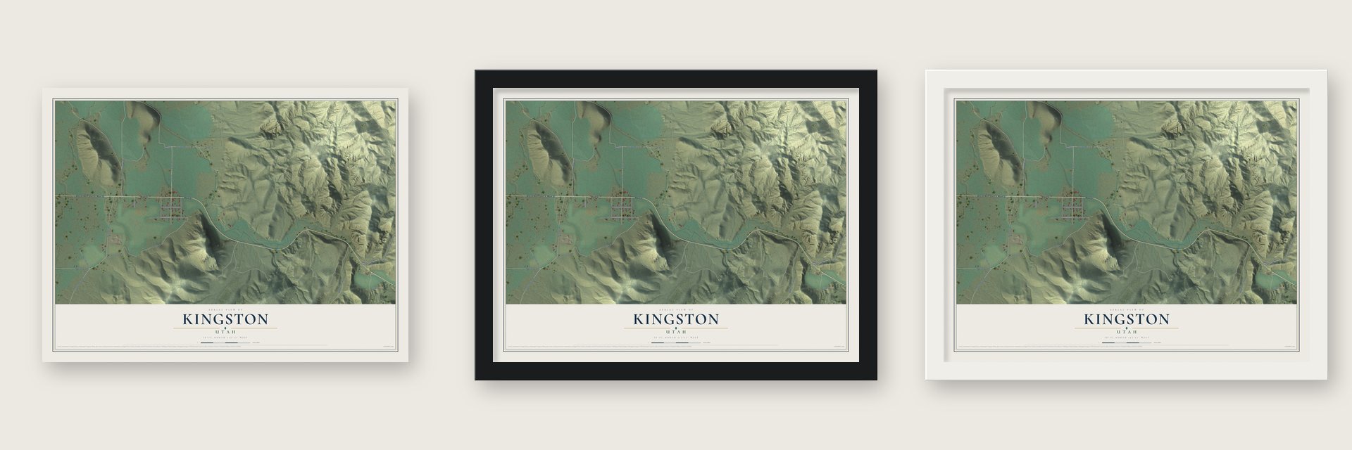 Kingston, Utah map unframed, in a black wood frame and in a white wood frame