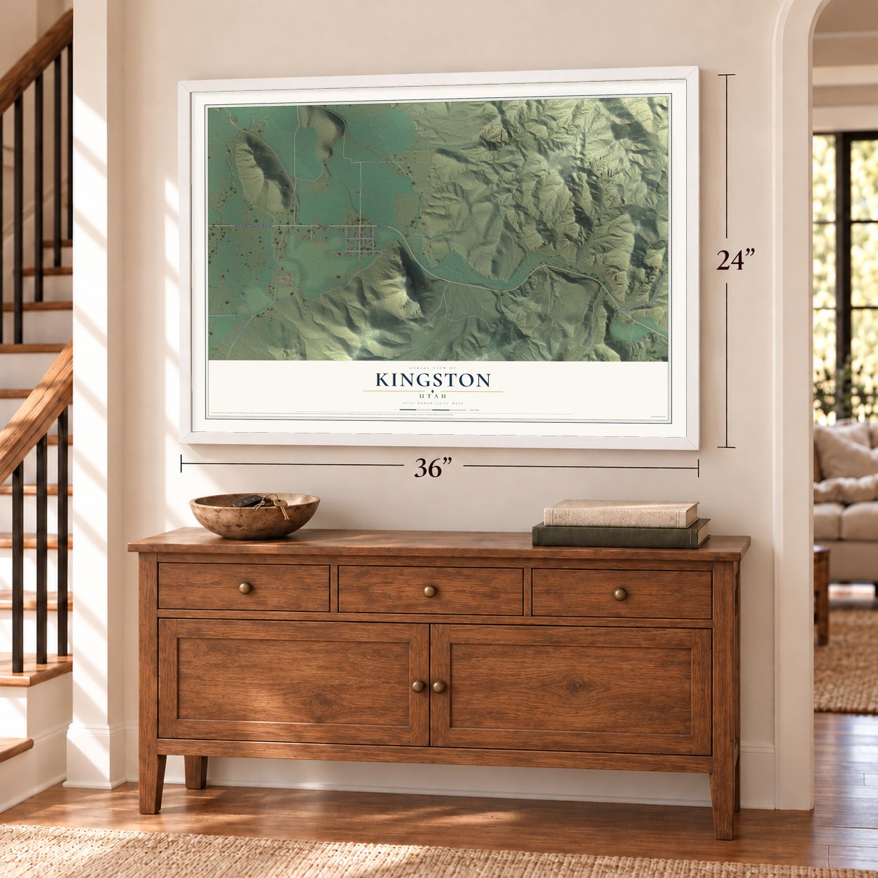 Kingston, Utah map, 24 x 36 inch print in a white frame above a dresser by a staircase