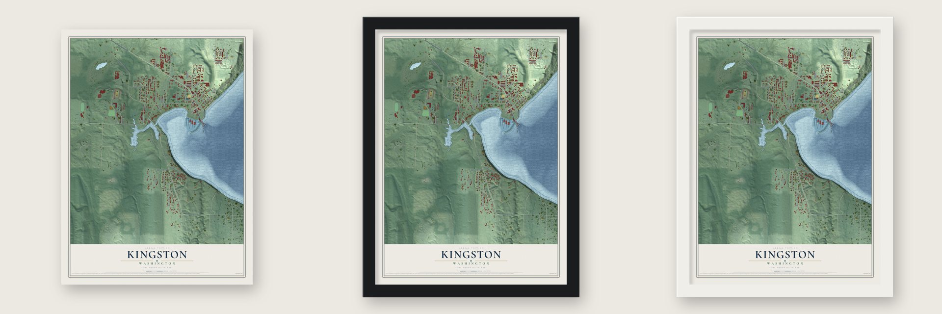 Kingston, Washington map unframed, in a black wood frame and in a white wood frame