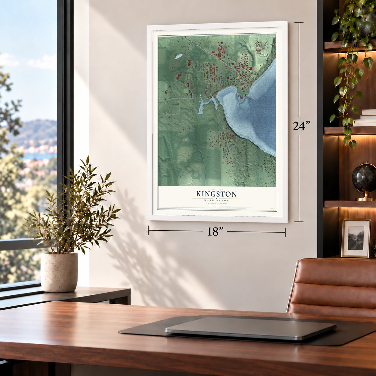 Kingston, Washington map, 18 x 24 inch print in a white frame in a home office