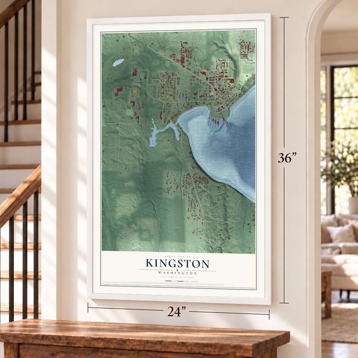 Kingston, Washington map, 24 x 36 inch print in a white frame by a staircase