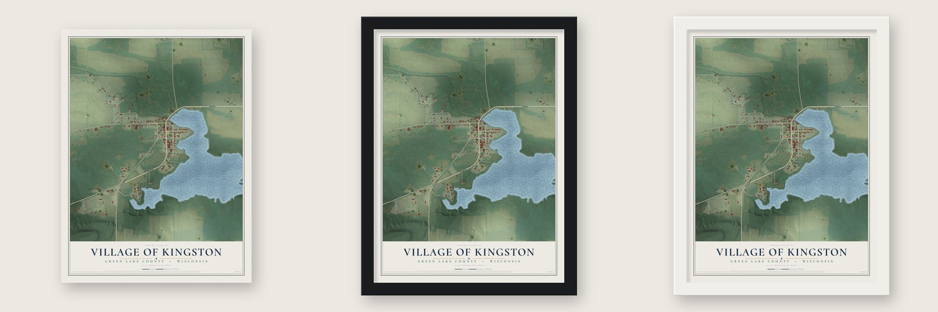 Kingston, Wisconsin map unframed, in a black wood frame and in a white wood frame