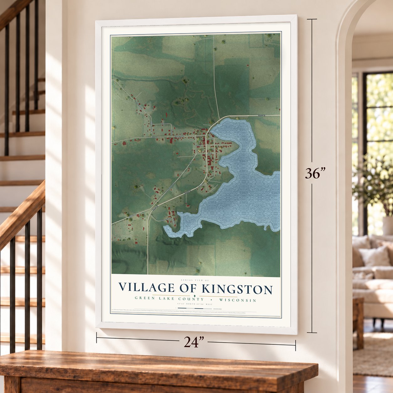 Kingston, Wisconsin map, 24 x 36 inch print in a white frame by a staircase