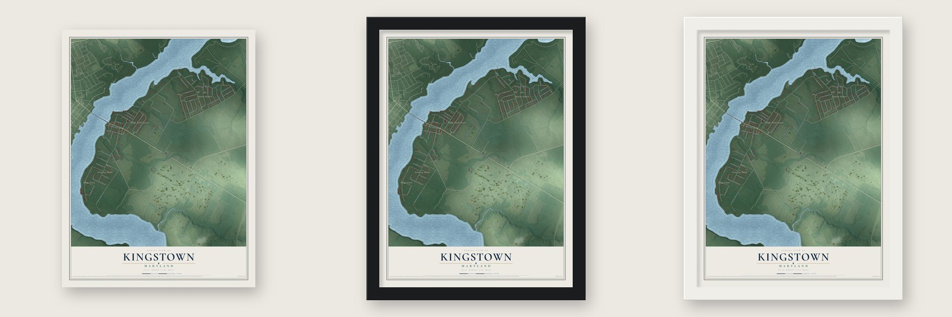 Kingstown, Maryland map unframed, in a black wood frame and in a white wood frame