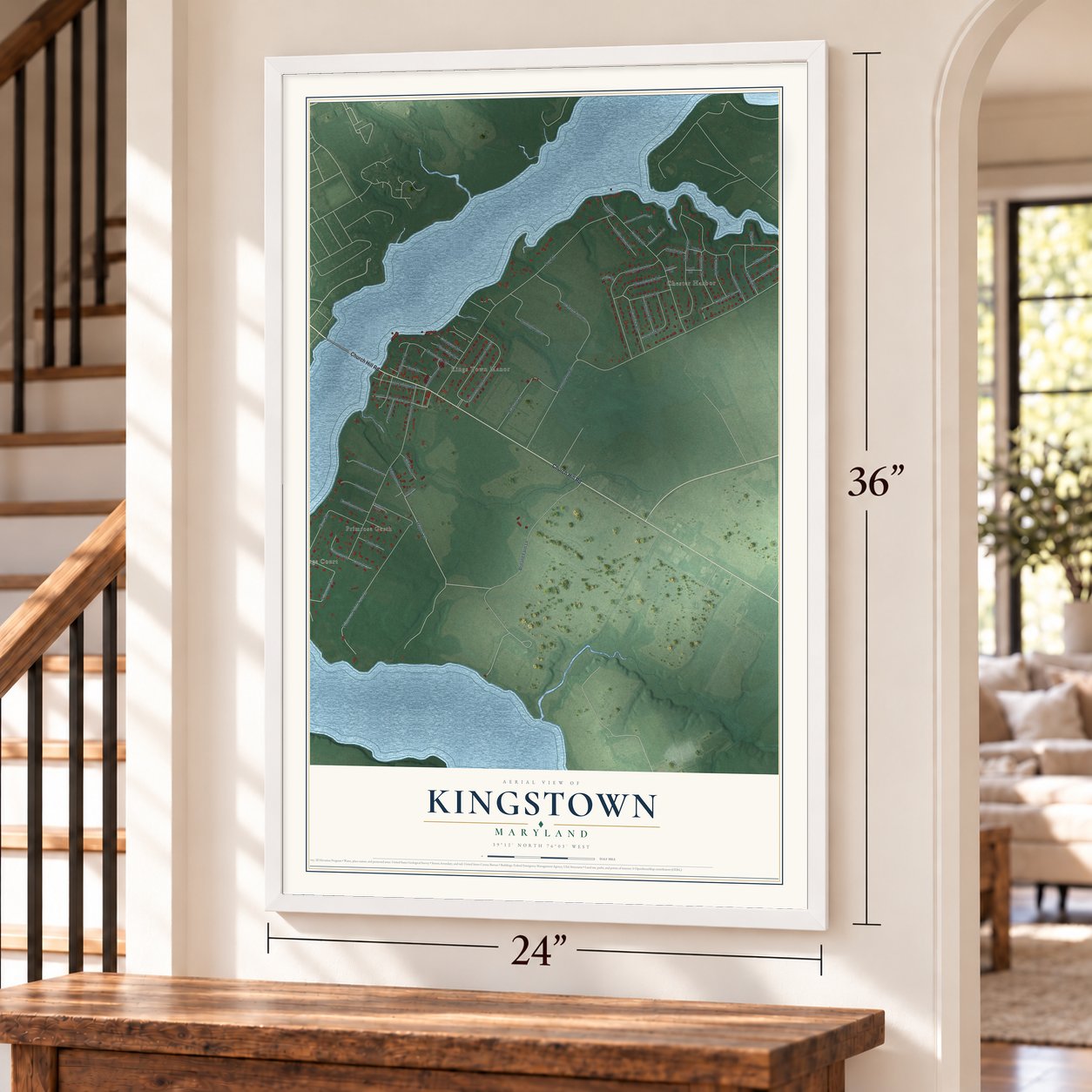 Kingstown, Maryland map, 24 x 36 inch print in a white frame by a staircase