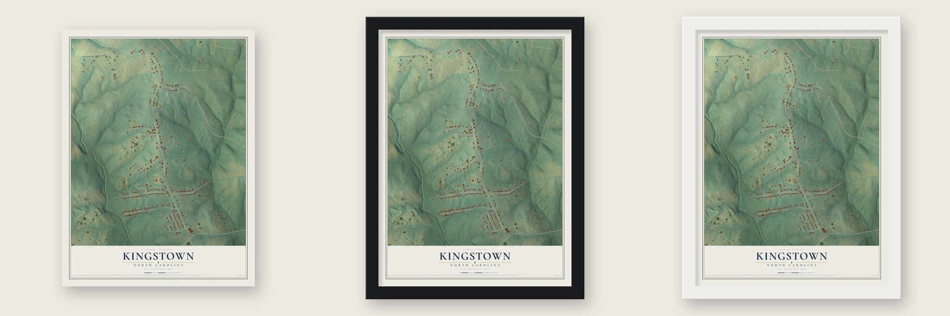 Kingstown, North Carolina map unframed, in a black wood frame and in a white wood frame
