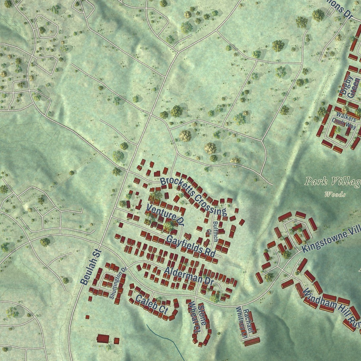 Second close-up of the map of Kingstowne, Virginia print showing more streets and buildings