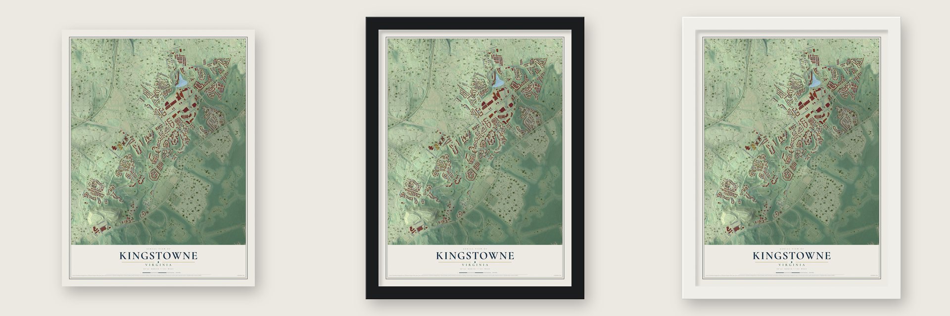 Kingstowne, Virginia map unframed, in a black wood frame and in a white wood frame