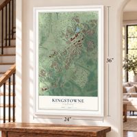 Kingstowne, Virginia map, 24 x 36 inch print in a white frame by a staircase