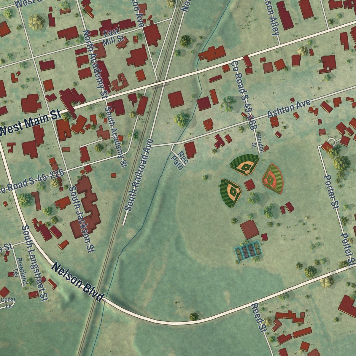 Second close-up of the map of Kingstree, South Carolina print showing more streets and buildings