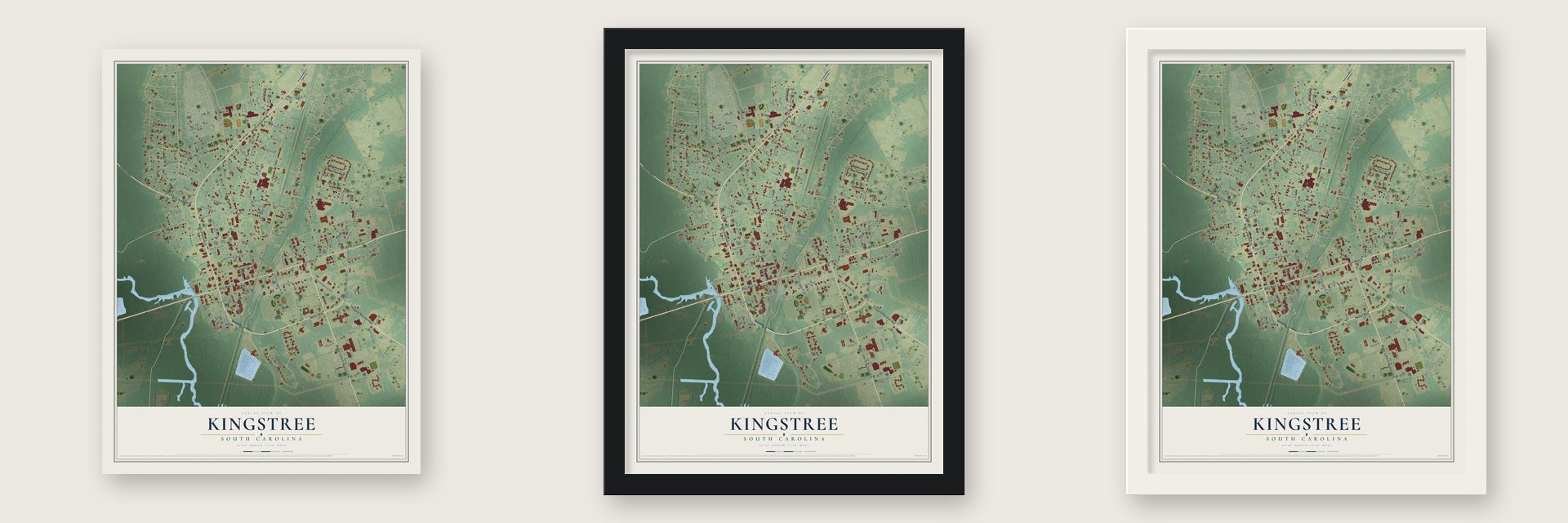 Kingstree, South Carolina map unframed, in a black wood frame and in a white wood frame