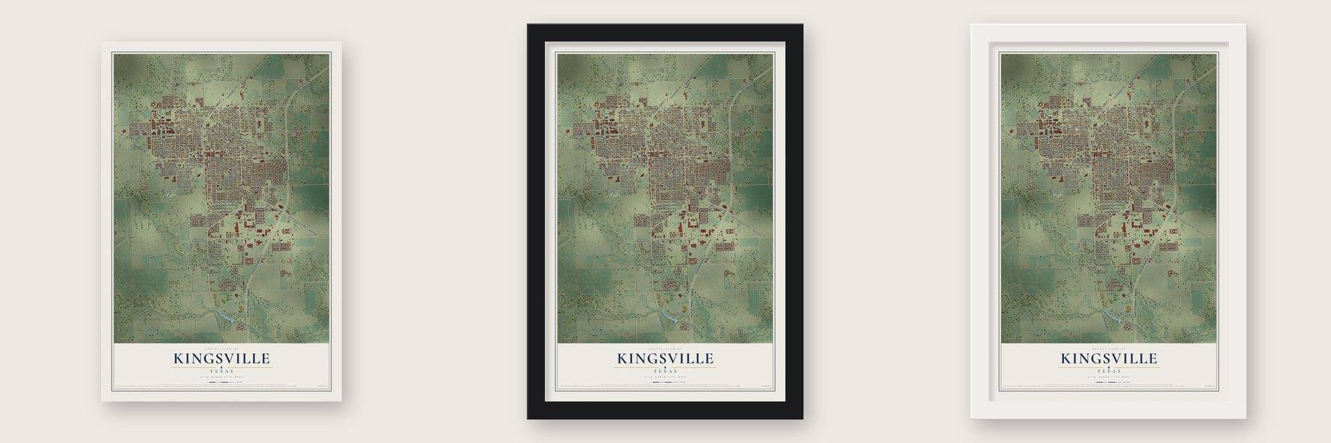 Kingsville, Texas map unframed, in a black wood frame and in a white wood frame