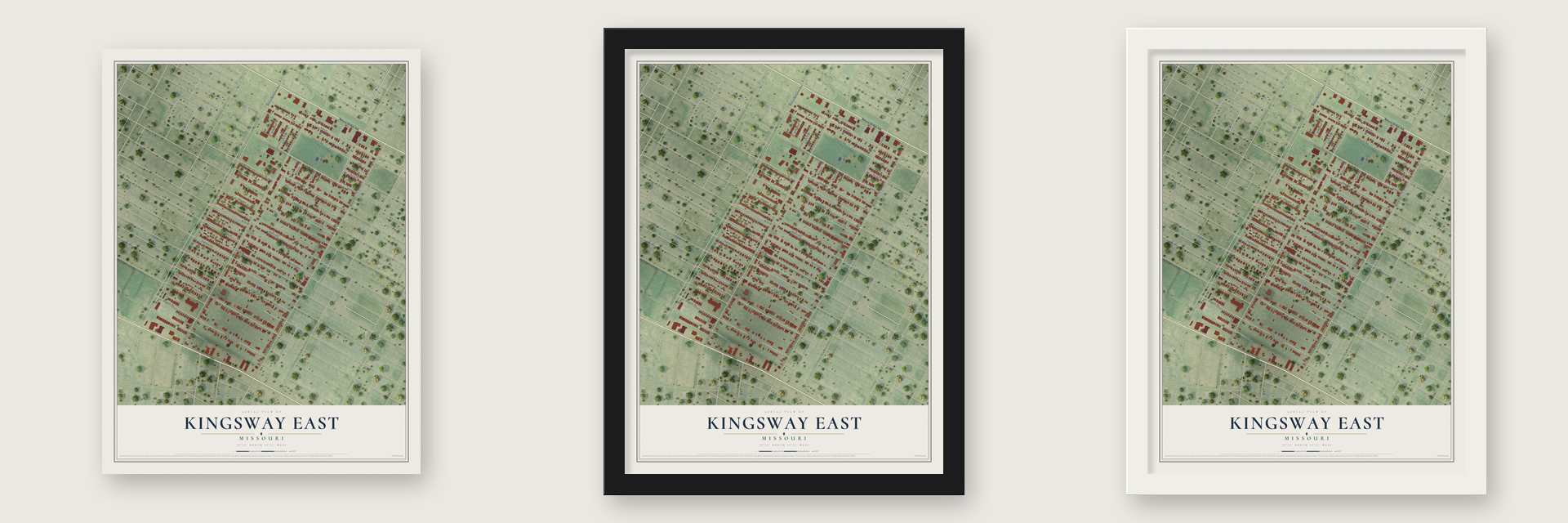 Kingsway East, Missouri map unframed, in a black wood frame and in a white wood frame