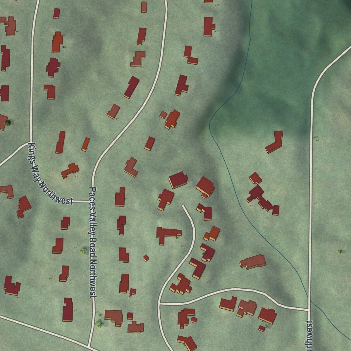Second close-up of the map of Kingswood, Georgia print showing more streets and buildings