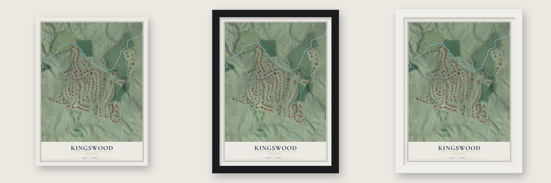 Kingswood, Georgia map unframed, in a black wood frame and in a white wood frame