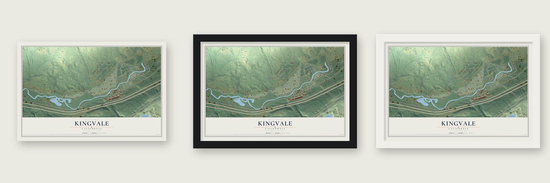 Kingvale, California map unframed, in a black wood frame and in a white wood frame