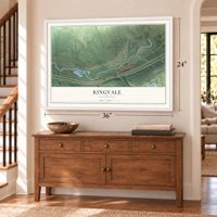 Kingvale, California map, 24 x 36 inch print in a white frame above a dresser by a staircase