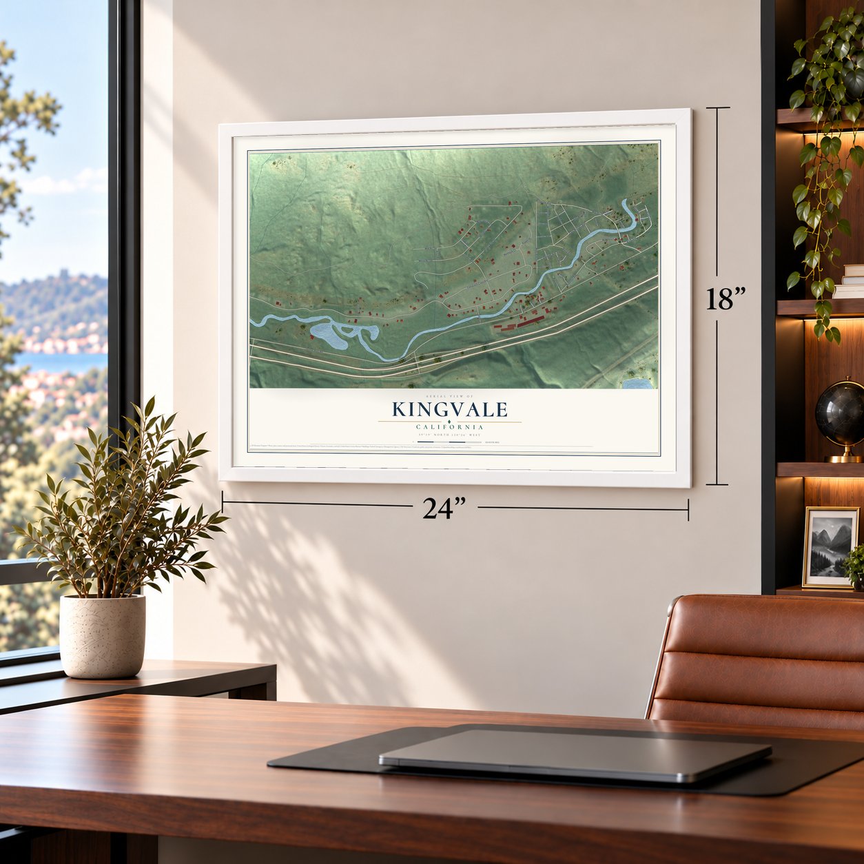 Kingvale, California map, 18 x 24 inch print in a white frame in a home office