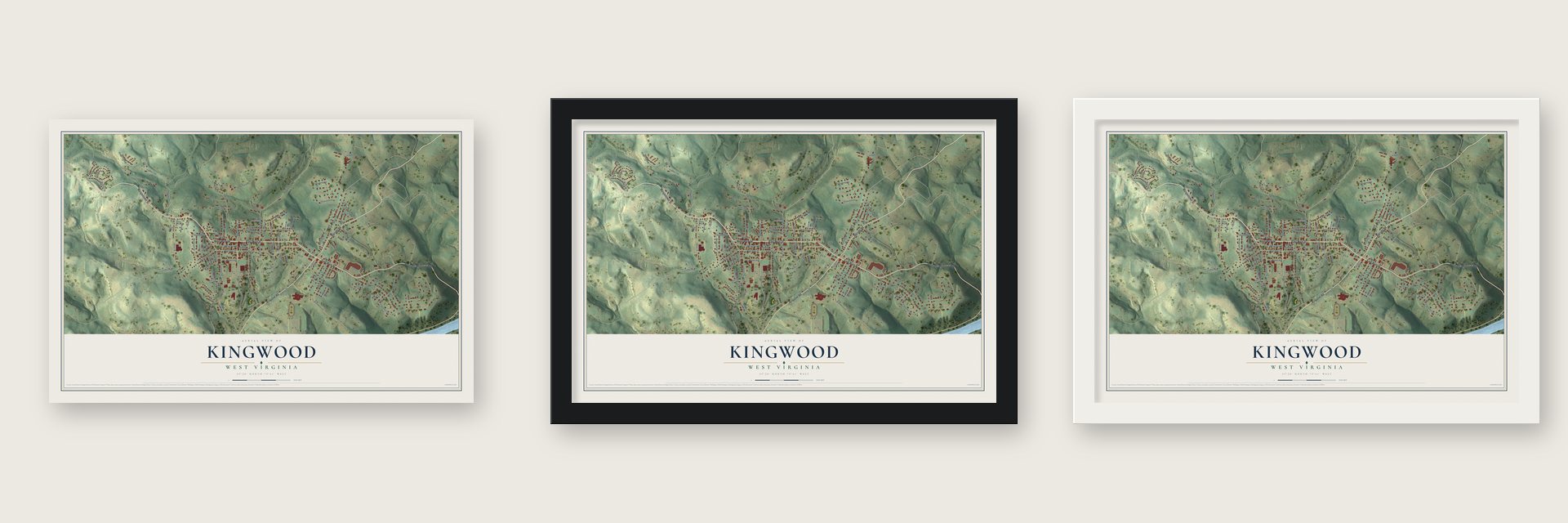 Kingwood, West Virginia map unframed, in a black wood frame and in a white wood frame