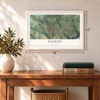 Kingwood, West Virginia map, 12 x 18 inch print in a white frame in an entryway