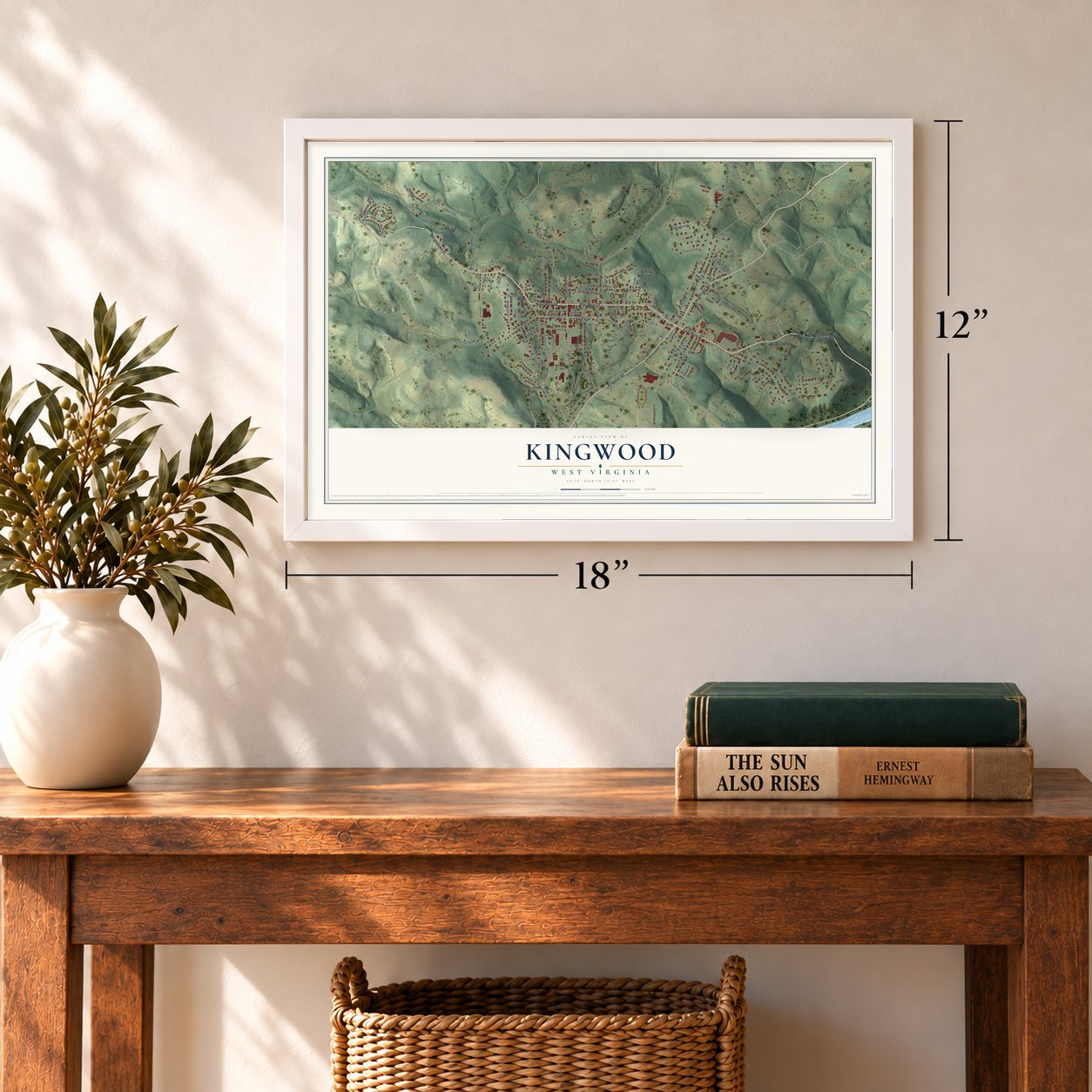 Kingwood, West Virginia map, 12 x 18 inch print in a white frame in an entryway