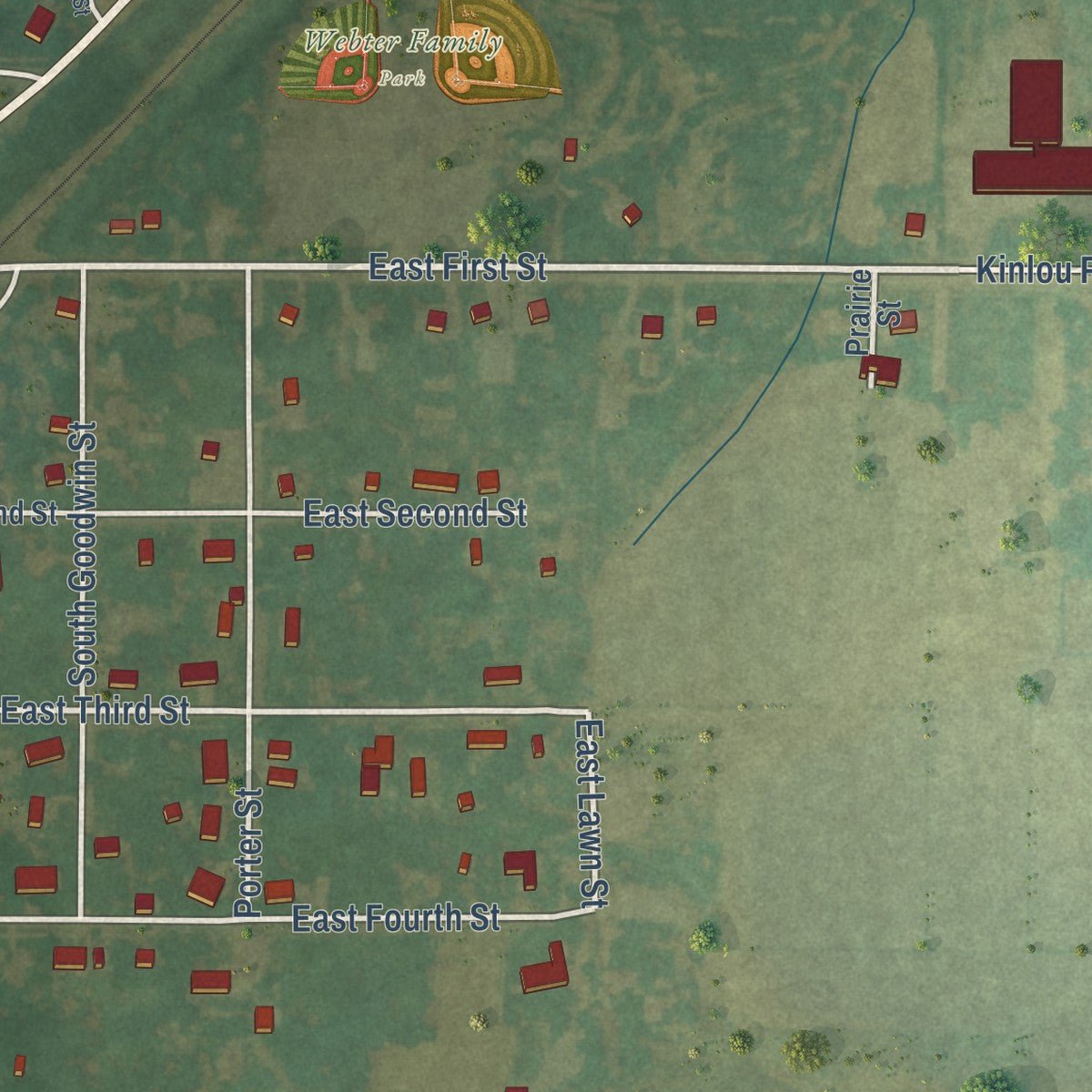 Second close-up of the map of Kinmundy, Illinois print showing more streets and buildings