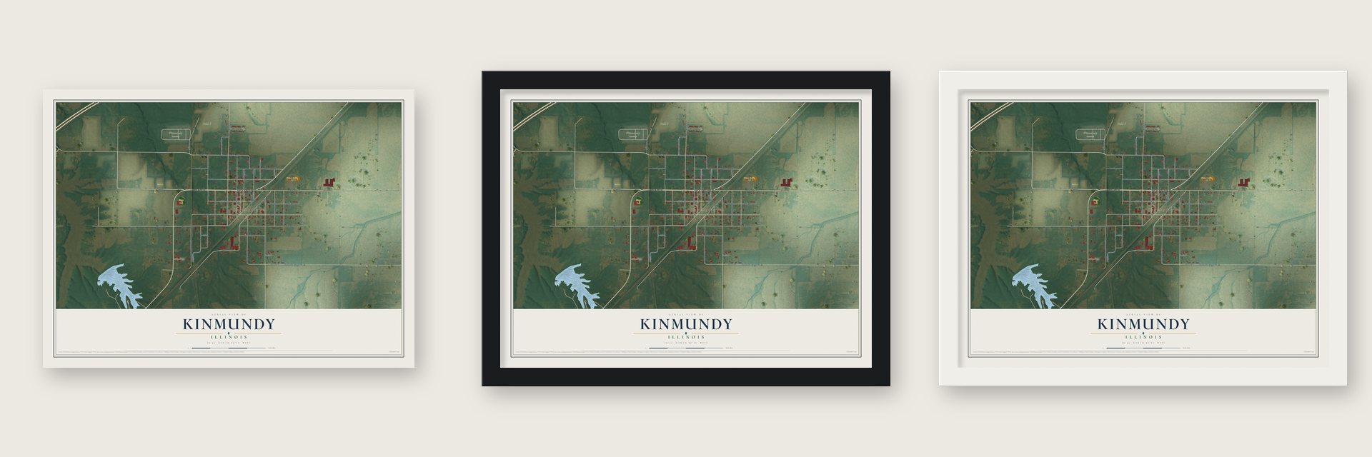 Kinmundy, Illinois map unframed, in a black wood frame and in a white wood frame