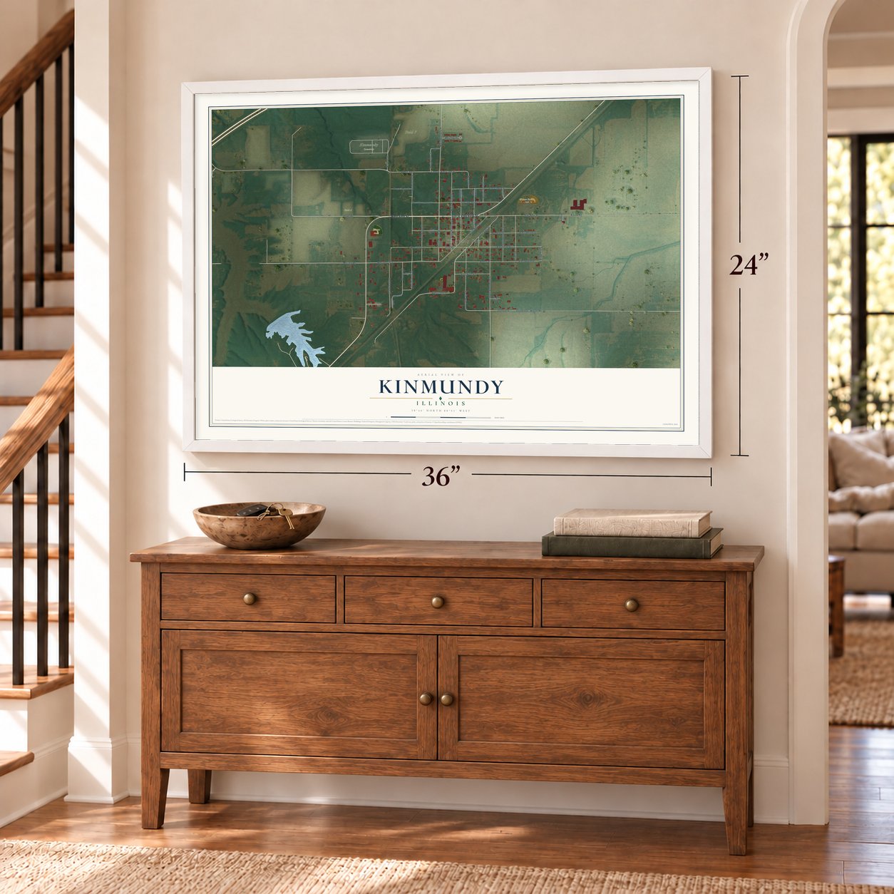 Kinmundy, Illinois map, 24 x 36 inch print in a white frame above a dresser by a staircase