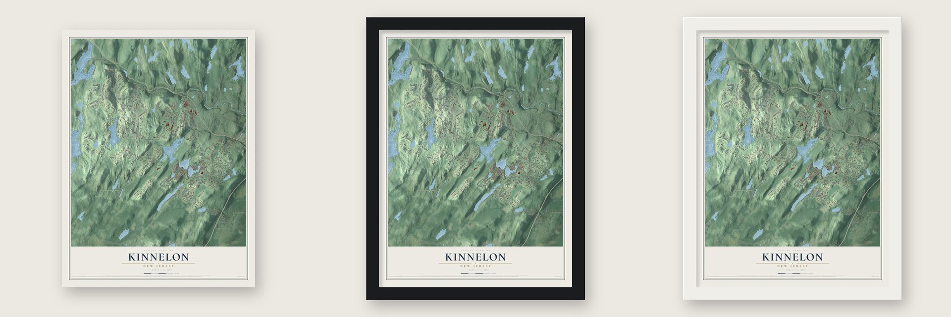Kinnelon, New Jersey map unframed, in a black wood frame and in a white wood frame
