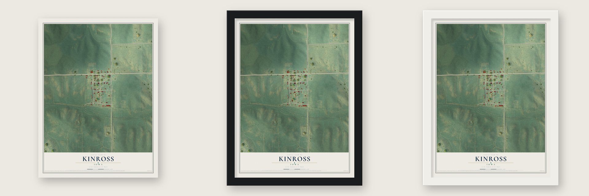 Kinross, Iowa map unframed, in a black wood frame and in a white wood frame