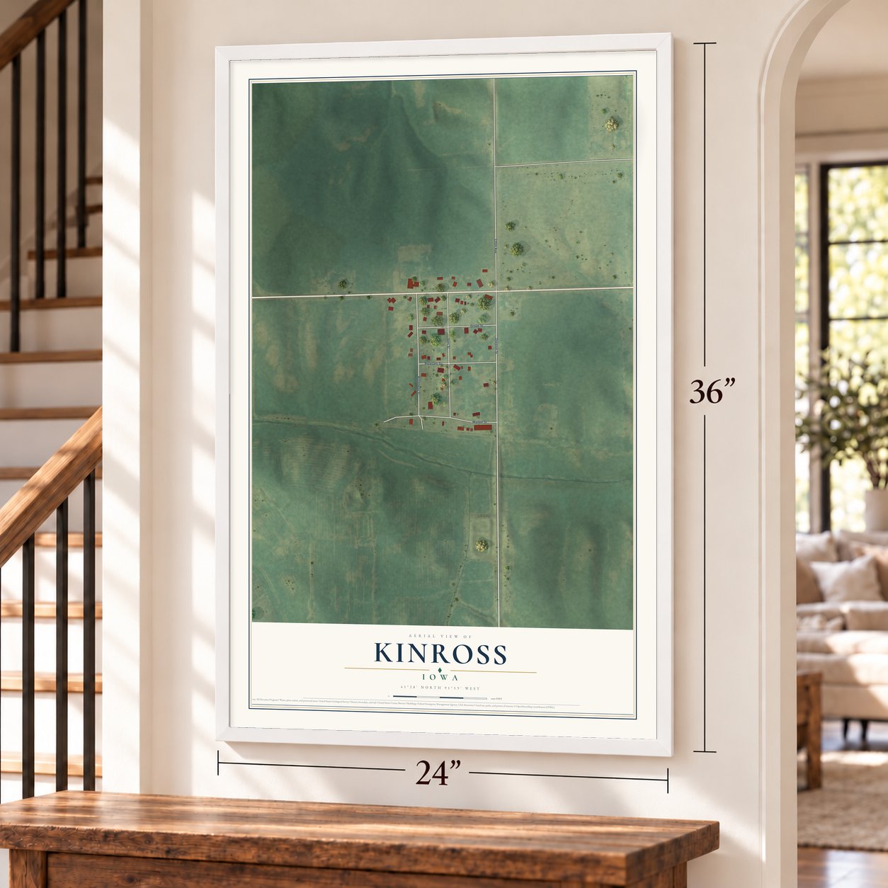 Kinross, Iowa map, 24 x 36 inch print in a white frame by a staircase
