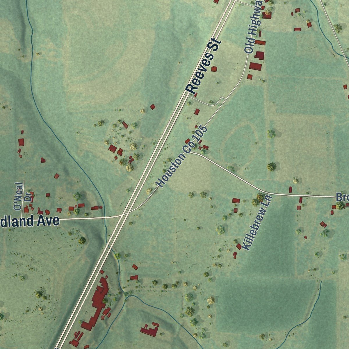 Second close-up of the map of Kinsey, Alabama print showing more streets and buildings