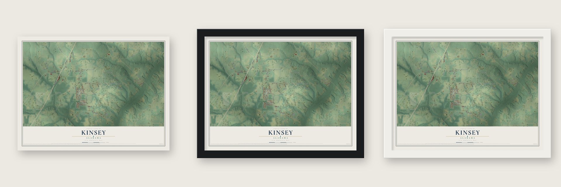 Kinsey, Alabama map unframed, in a black wood frame and in a white wood frame