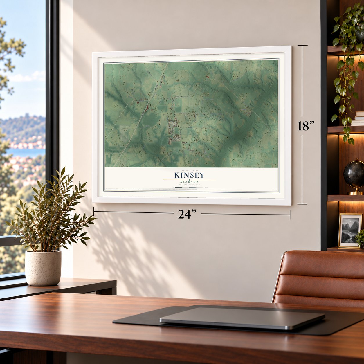 Kinsey, Alabama map, 18 x 24 inch print in a white frame in a home office