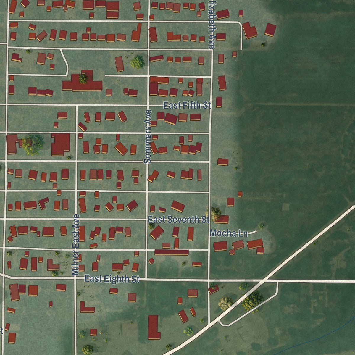 Second close-up of the map of Kinsley, Kansas print showing more streets and buildings
