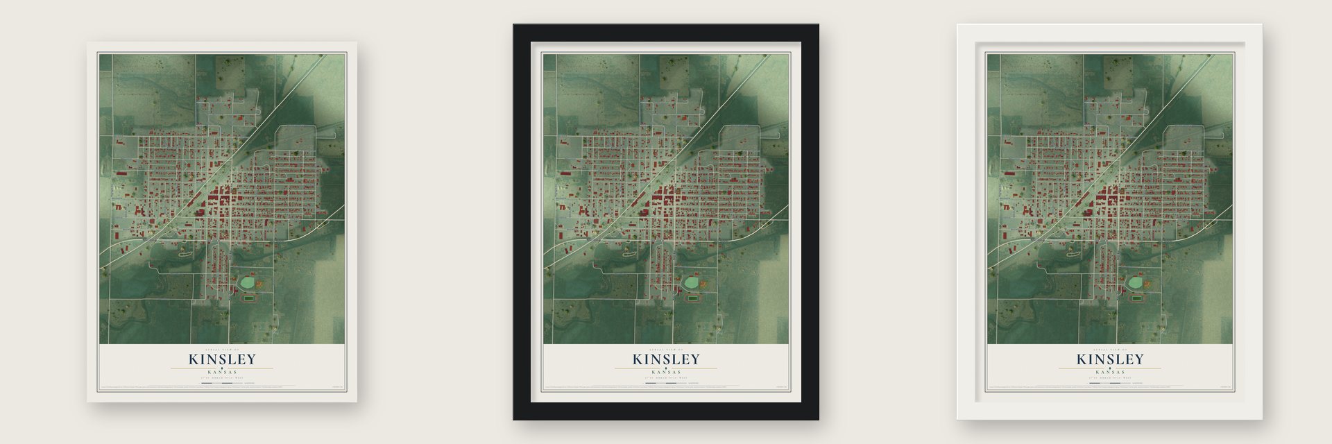 Kinsley, Kansas map unframed, in a black wood frame and in a white wood frame