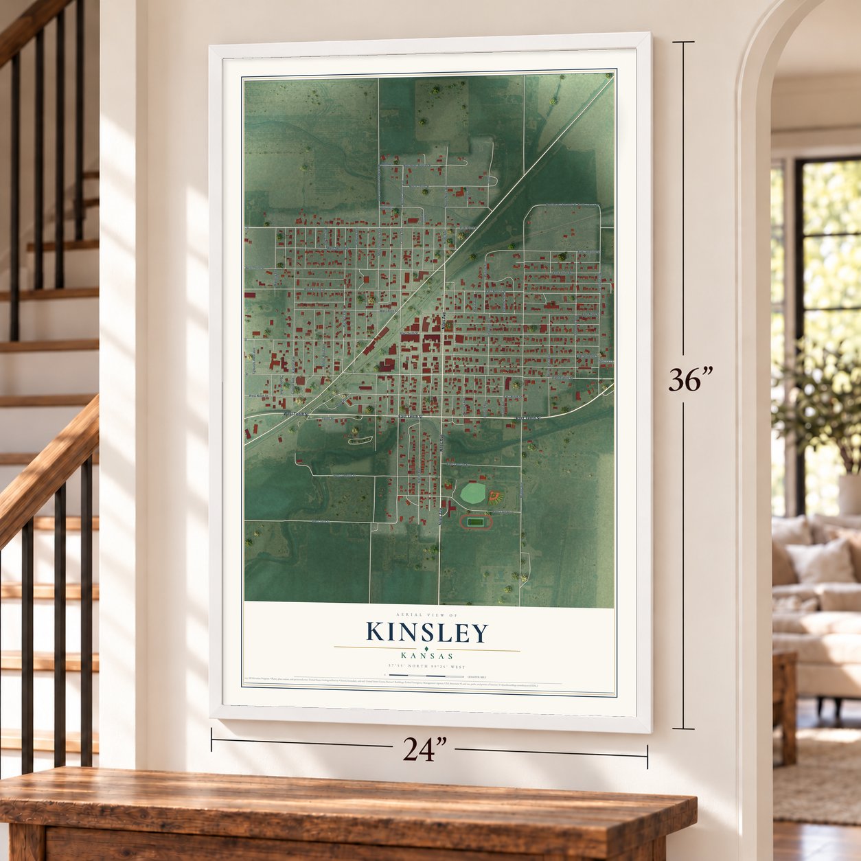 Kinsley, Kansas map, 24 x 36 inch print in a white frame by a staircase