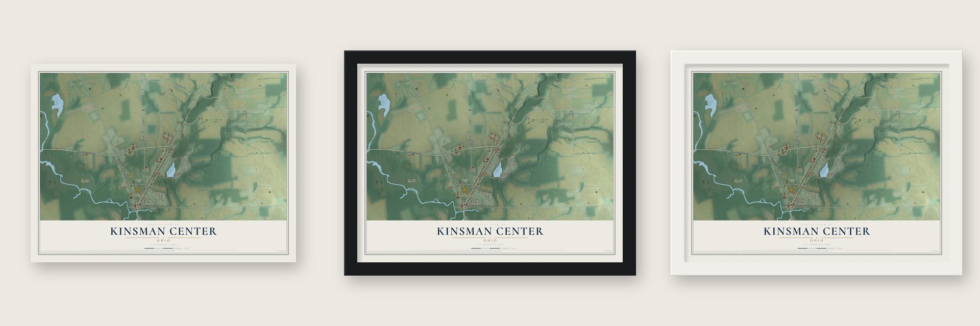 Kinsman Center, Ohio map unframed, in a black wood frame and in a white wood frame