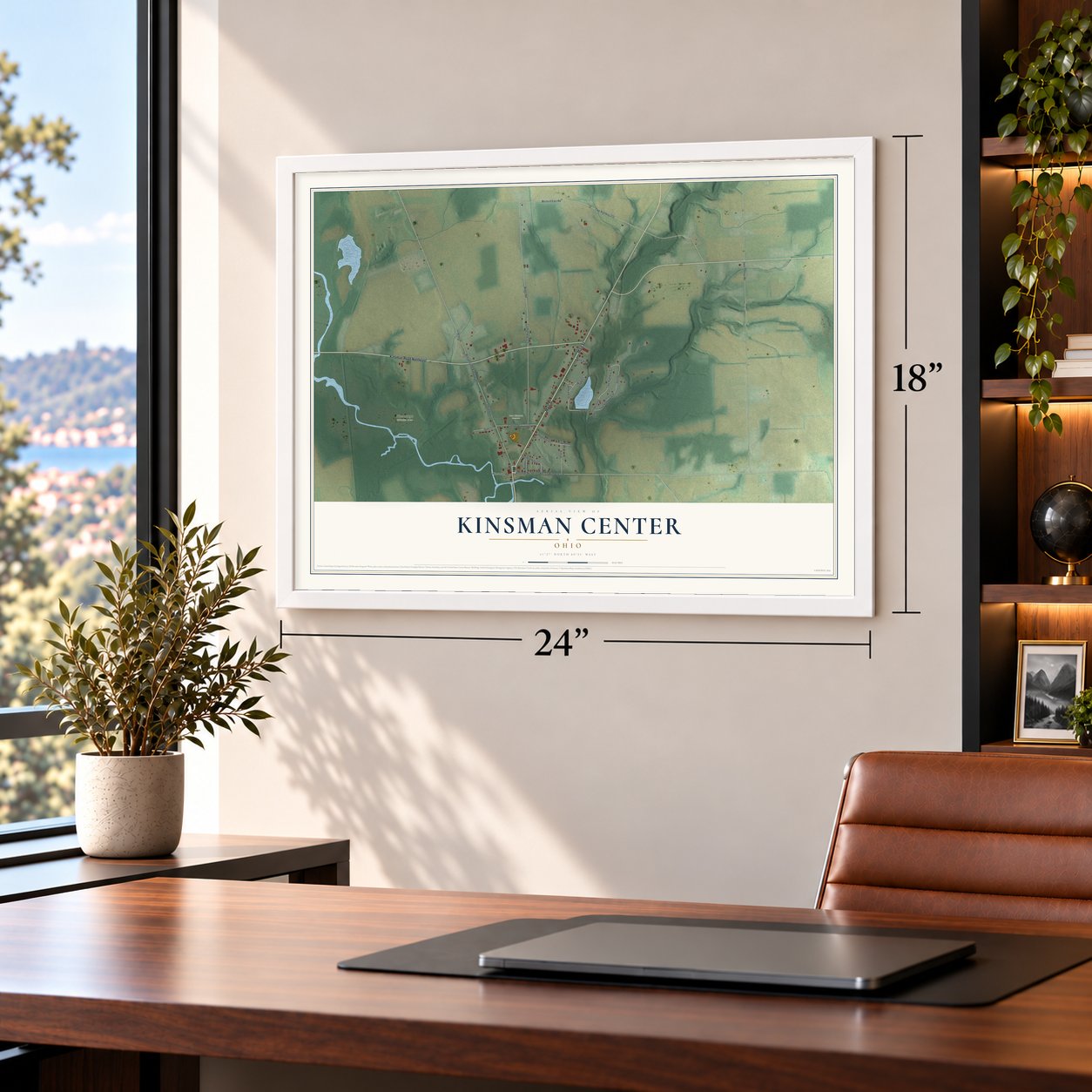Kinsman Center, Ohio map, 18 x 24 inch print in a white frame in a home office