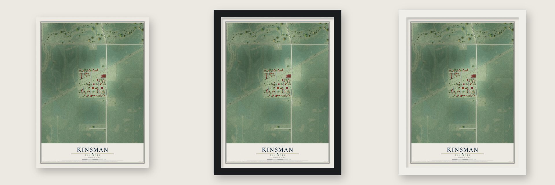 Kinsman, Illinois map unframed, in a black wood frame and in a white wood frame